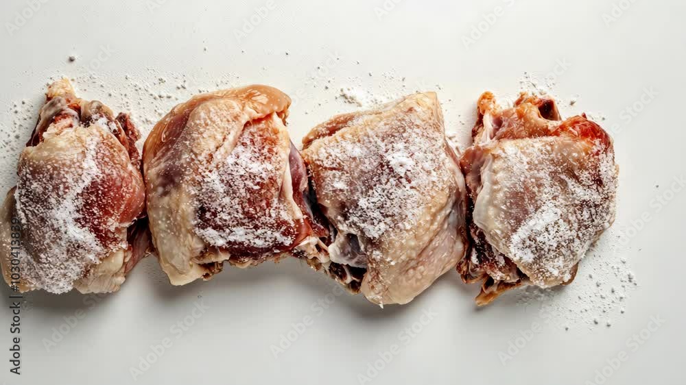 Four raw chicken thighs are coated in flour, ready for cooking Four raw chicken thighs are coated in flour, ready for cooking
