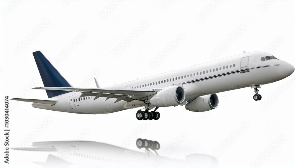 Obraz premium Side view of white commercial airplane in flight isolated on white. Travel and technology concept. 3D Rendering
