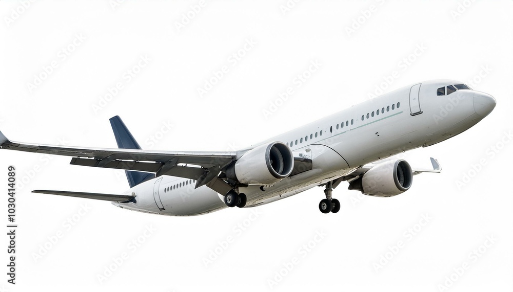 Side view of white commercial airplane in flight isolated on white. Travel and technology concept. 3D Rendering Side view of white commercial airplane in flight isolated on white. Travel and technology concept. 3D Rendering