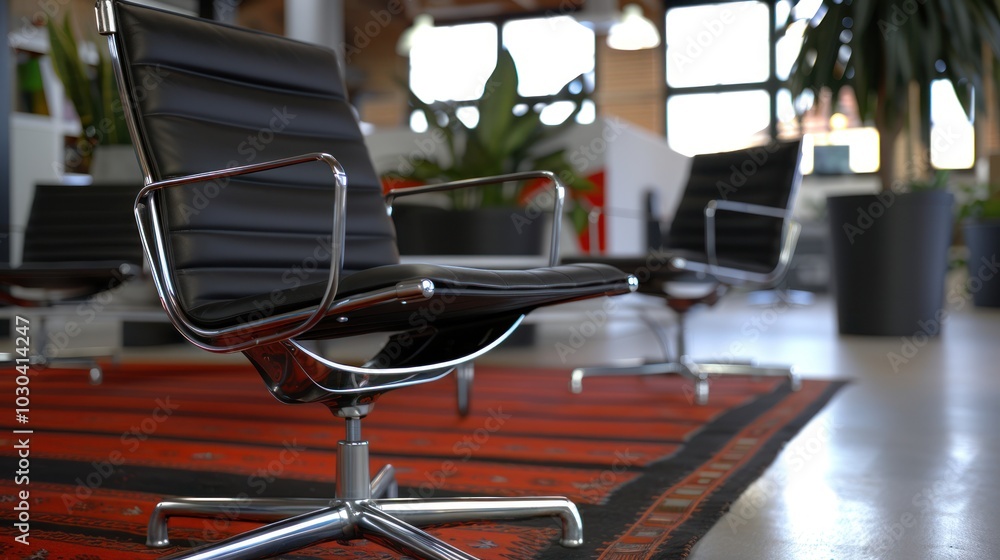 Black Leather Office Chair on Red and Black Rug Black Leather Office Chair on Red and Black Rug