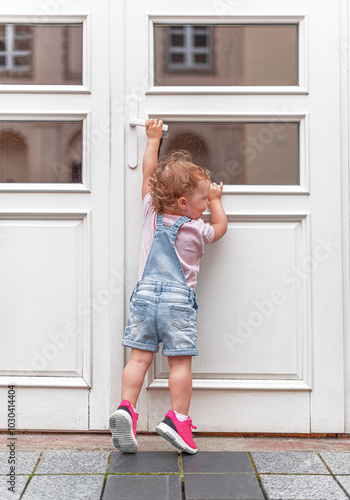 Obraz na płótnie The child tries to open the door. The child reaches for the doorknob on the street. w salonie