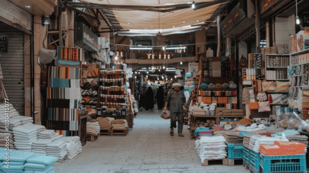 Obraz premium A Man Walking Through a Textile Market in the Middle East