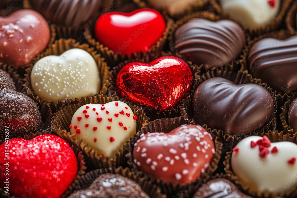 Close-up of Heart-Shaped Chocolates, Chocolate Hearts Candy for St. Valentine’s Gift or Present Close-up of Heart-Shaped Chocolates, Chocolate Hearts Candy for St. Valentine’s Gift or Present