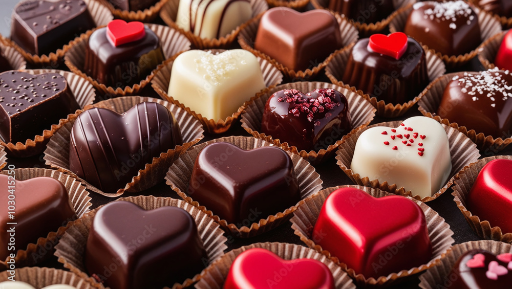 Close-up of Heart-Shaped Chocolates, Chocolate Hearts Candy for St. Valentine’s Gift or Present Close-up of Heart-Shaped Chocolates, Chocolate Hearts Candy for St. Valentine’s Gift or Present