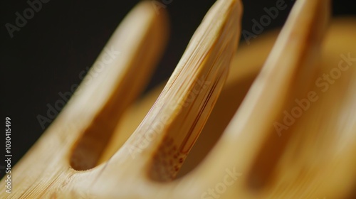 A zoomedin shot of a bamboo fork revealing the smooth and polished surface of the utensil. Each tine has a slight curve creating a gentle yet effective scooping shape. photo