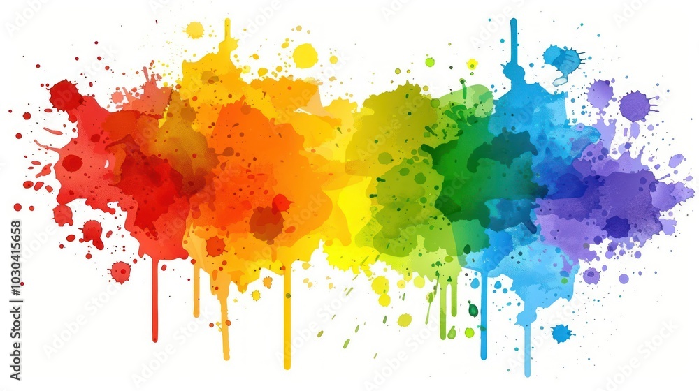 Fototapeta premium Rainbow Watercolor Splashes and Drips on White Background