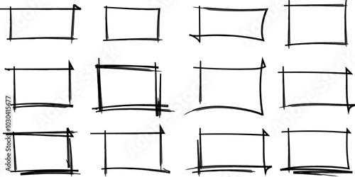 Set of doodle handdrawn highlight rectangles. Collection of marker, pencil or pen sketch elements of squares and marks isolated on transparent background. Brush doodle shape for message notes