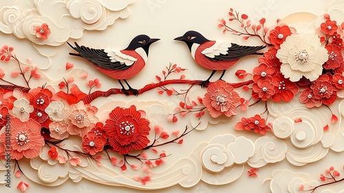 An intricate red paper-cut style depiction of two magpies on a branch full of blooming cherry blossoms, framed by swirling floral patterns and cloud motifs,