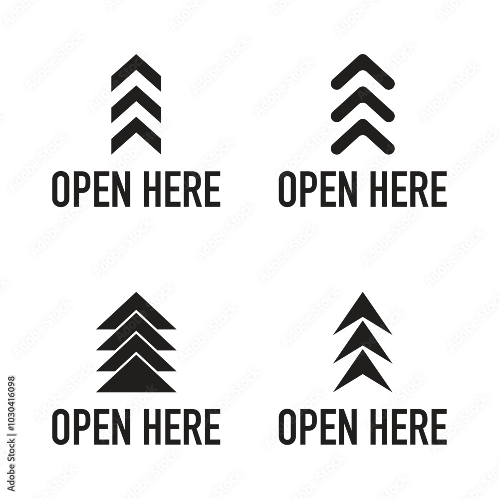 Set of four 'Open Here' icons with arrows pointing up, in minimalist black and white design.