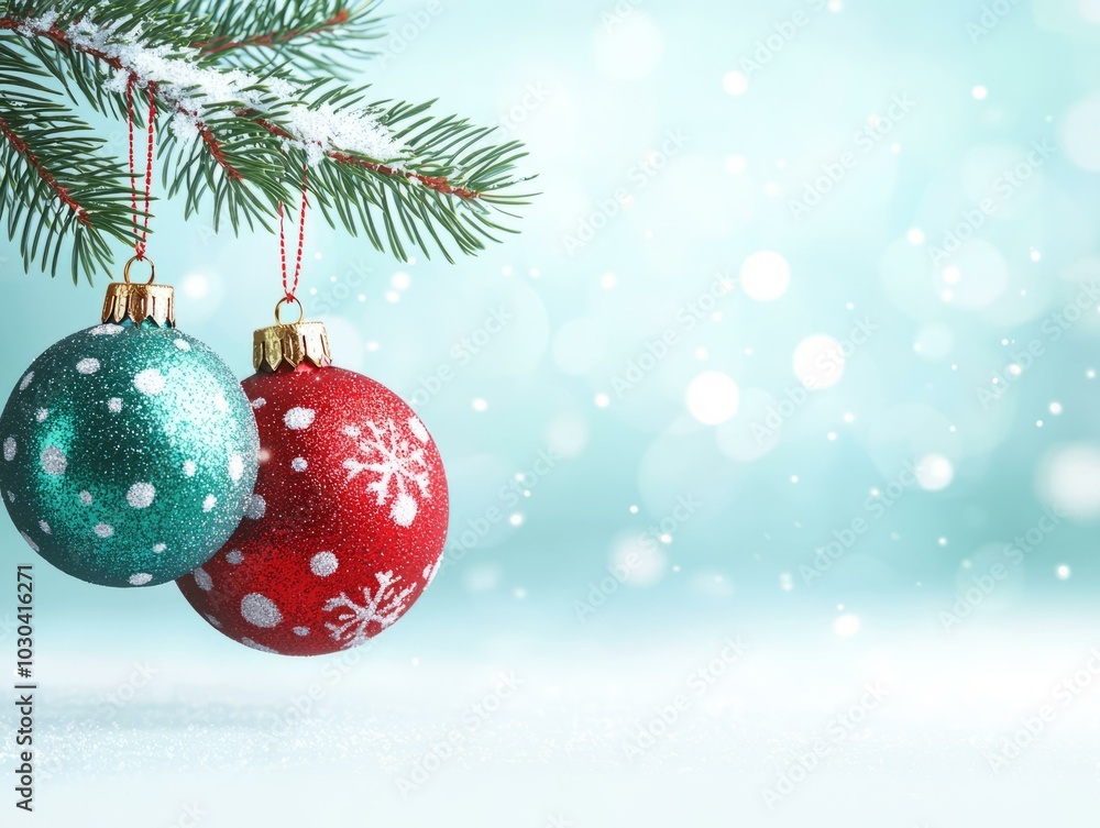 Naklejka premium Colorful Christmas ornaments hanging from a pine tree branch, festive winter background.