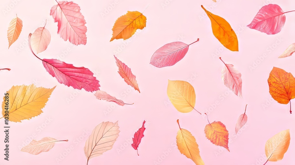 Colorful autumn leaves float in the air against a pink background. They look like they're weightless, almost like magic! Colorful autumn leaves float in the air against a pink background. They look like they're weightless, almost like magic!