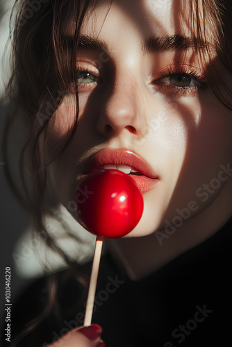 Woman is holding a red lollipop in her mouth