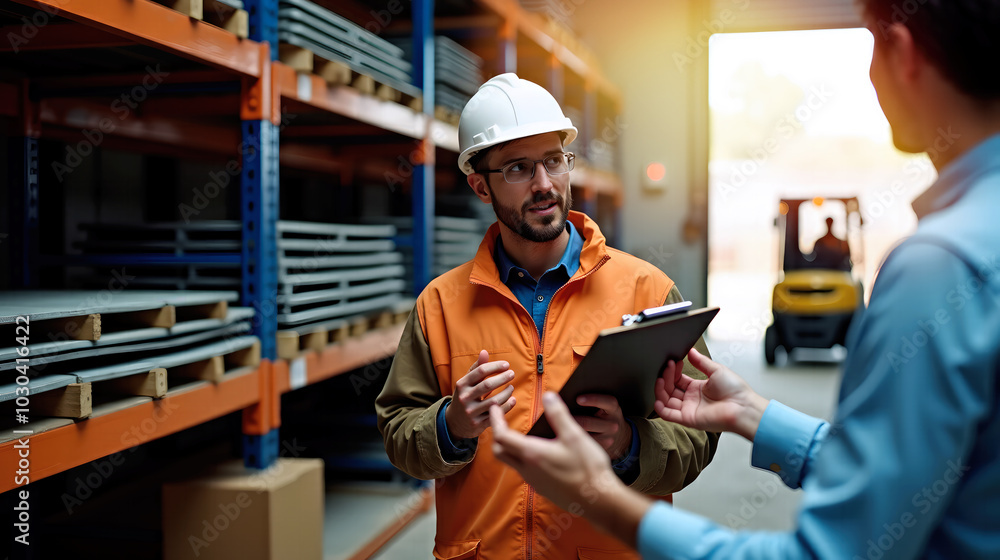 Supervisor discussing logistics in industrial warehouse Supervisor discussing logistics in industrial warehouse