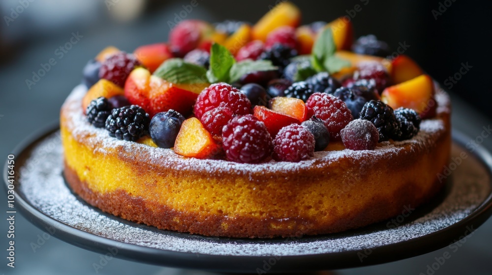 Delicious Fruit Topped Cake on Gray Background Delicious Fruit Topped Cake on Gray Background
