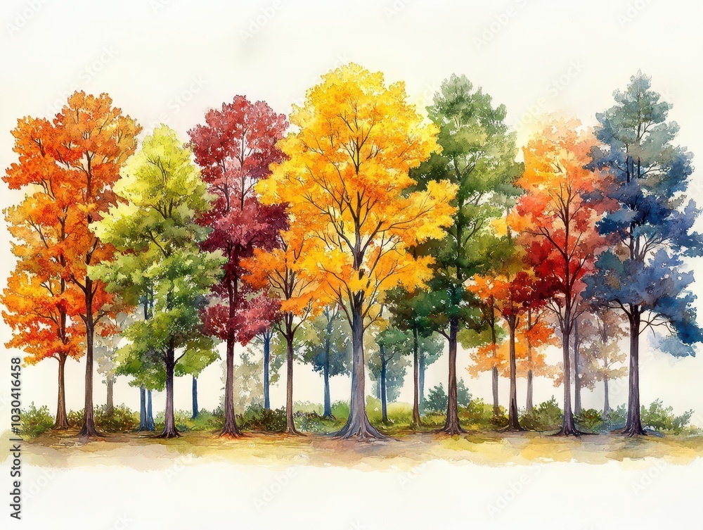 Naklejka premium a watercolor collection showcasing diverse trees in various styles and colors, celebrating the beauty of forests and the natural world