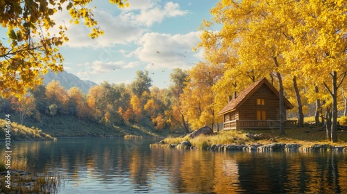 Wallpaper Mural Wooden house on the lake in the autumn forest at sunset. Torontodigital.ca