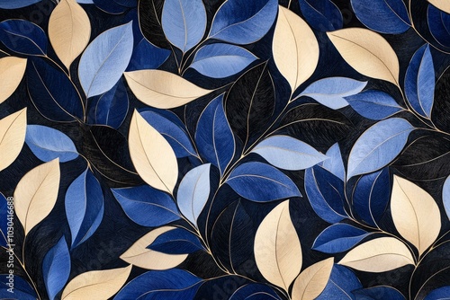Elegant blue and beige leaf pattern on a dark background.