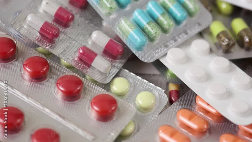 Closeup static shot of rotating pile of pills in blisters Closeup static shot of rotating pile of pills in blisters