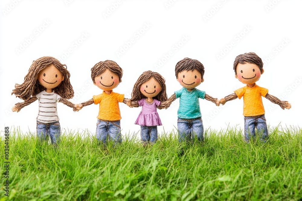 Playful group of four children standing together in a grassy field symbolizing friendship unity and the joy of childhood in a bright cheerful outdoor setting Playful group of four children standing together in a grassy field symbolizing friendship unity and the joy of childhood in a bright cheerful outdoor setting