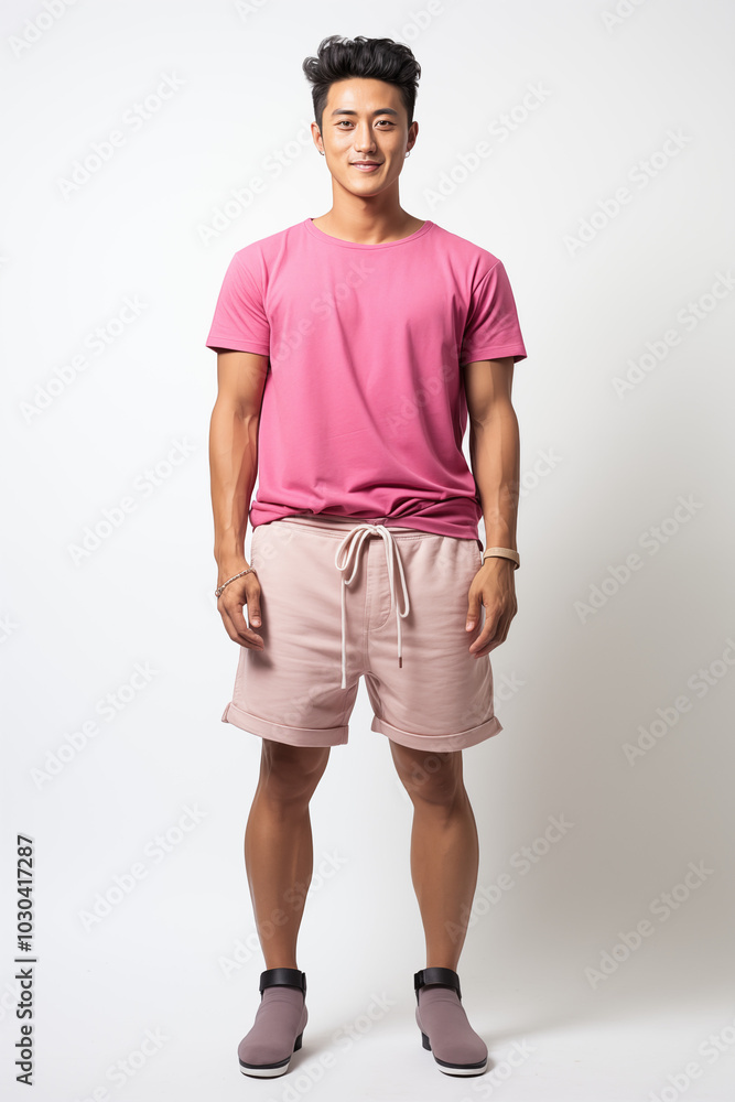 Obraz premium a man in pink color casual outfit standing in the studio with isolated background