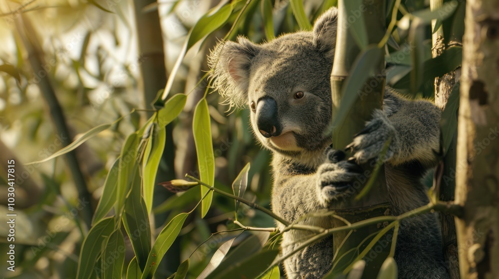 Fototapeta premium photorealism of A koala is clinging to a bamboo tree