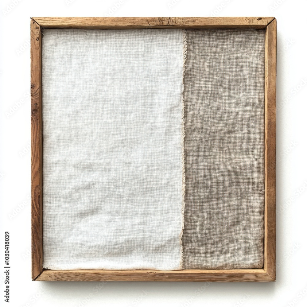 Fototapeta premium Abstract minimalistic textile art with contrasting white and beige squares in wooden frame