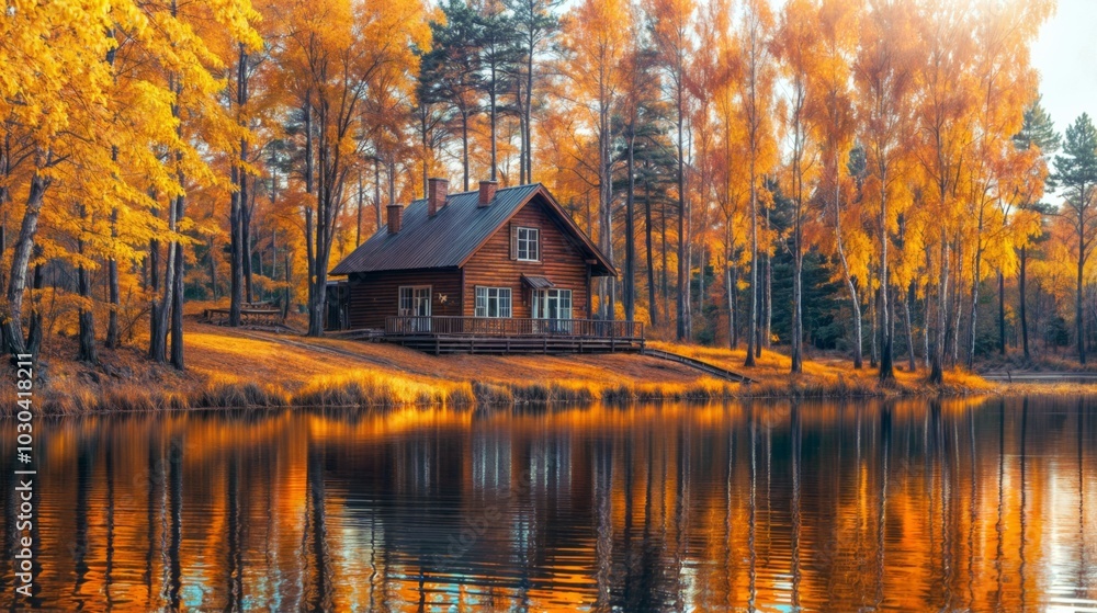 Wooden house on the lake in the autumn forest at sunset. Wooden house on the lake in the autumn forest at sunset.