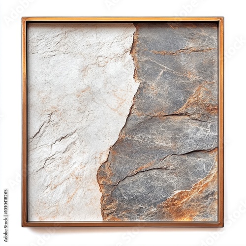 Abstract stone artwork with contrasting textures in wooden frame, emphasizing nature and art fusion