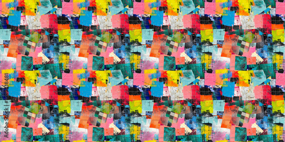 Collage multi-color texture with a vibrant, mixed-media effect. Seamless texture background. Pattern design Collage multi-color texture with a vibrant, mixed-media effect. Seamless texture background. Pattern design