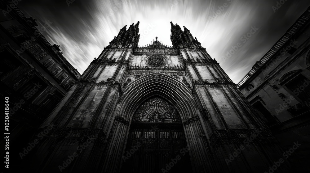 Obraz premium Low-Angle Shot of Seville Cathedral Captured in Black and White, Highlighting Intricate Gothic Details Under Bright Daylight in the 1940s