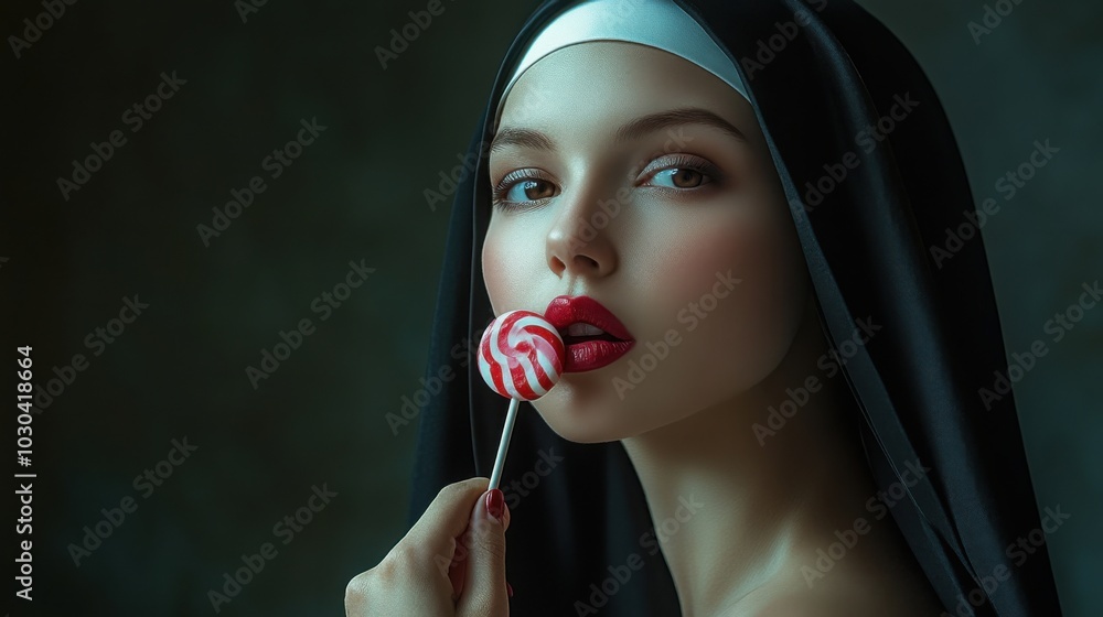 © Kalivmasa - A young woman dressed as a nun with a red lollipop in her mouth. © Kalivmasa - A young woman dressed as a nun with a red lollipop in her mouth.