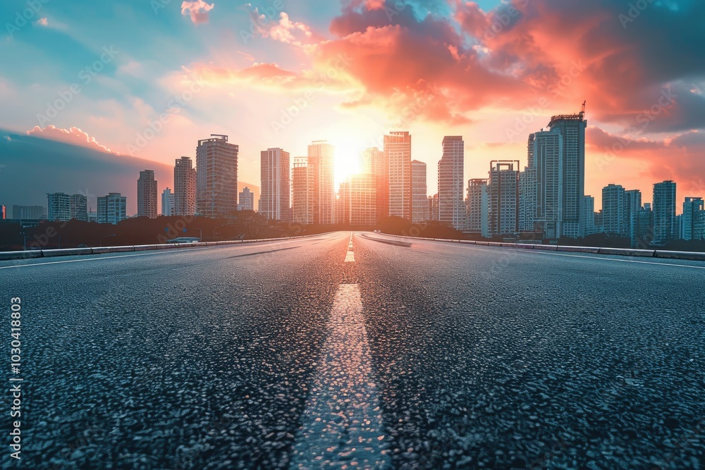 Panoramic city skyline and buildings with empty asphalt road at sunset. Panoramic city skyline and buildings with empty asphalt road at sunset.