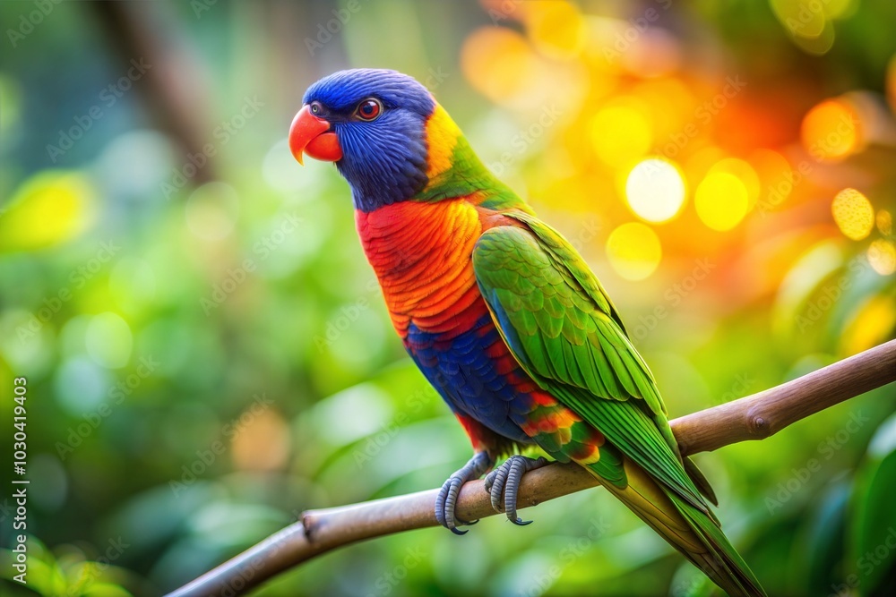 Rainbow lorikeet perched among lush green foliage in nature background Rainbow lorikeet perched among lush green foliage in nature background