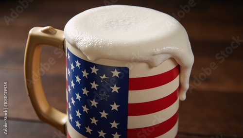 An American-flagged beer mug overflowing with frothy head photo