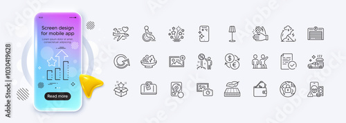 Honeymoon travel, Wallet and Compliance line icons for web app. Phone mockup gradient screen. Pack of Phishing, Parking garage, Stress protection pictogram icons. Vector