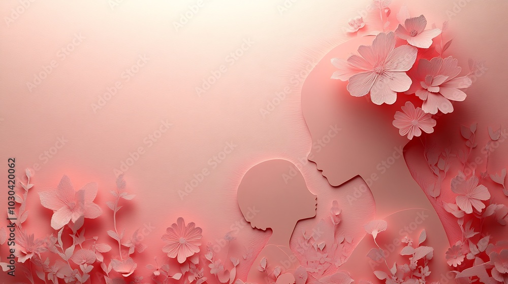 Paper cut design Mother's Day featuring a mother and child in a tender moment against a soft pink background with delicate floral elements and subtle shadows adding depth to the web banner