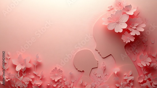 Obraz na płótnie Paper cut design Mother's Day featuring a mother and child in a tender moment against a soft pink background with delicate floral elements and subtle shadows adding depth to the web banner w salonie