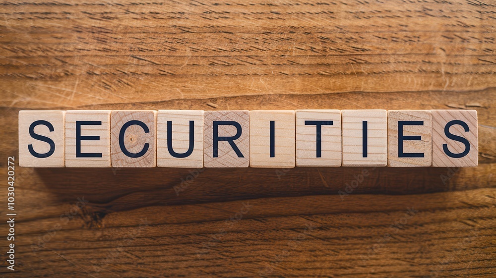 Fototapeta premium Closeup of an aged and weathered wooden board surface with the word SECURITIES carved into the wood representing financial and investment themes empty copy space for text