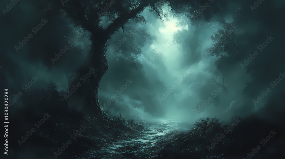 Obraz premium horror forest background, full moon above trees, apocalyptic scene