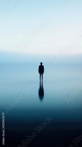 A Solitary Figure Standing on a Foggy Water Surface