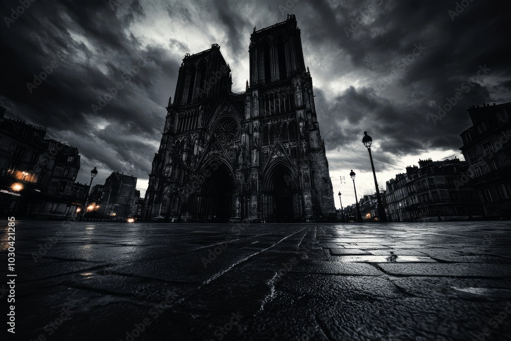 Obraz premium Wide-Angle Shot of Reims Cathedral at Dusk, Captured in Black and White, Featuring Dramatic Clouds and a Quiet Cobblestone Street