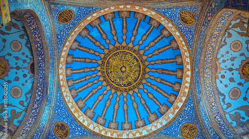  Decorated ceiling of Blue or Sultan Ahmed mosque, ancient ceramic tile with a traditional Arabic pattern