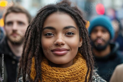 Diverse Urban Crowd with Focused Young Woman in Vibrant City Street Scene. photo