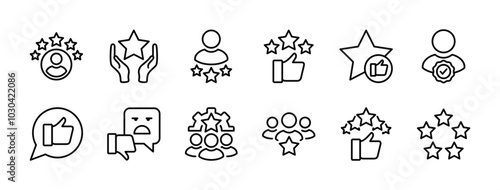 Experience thin line icon set. Containing rating, feedback, review, like, comment, satisfaction for survey, opinion, service, vote, test, inspecting, testimonial, response, consumer, life events