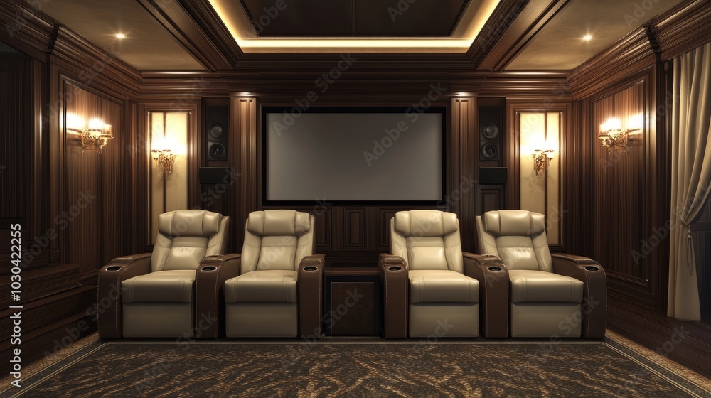 High-end home cinema design featuring leather recliners with cup holders, a projector screen, and surround sound speakers. High-end home cinema design featuring leather recliners with cup holders, a projector screen, and surround sound speakers.
