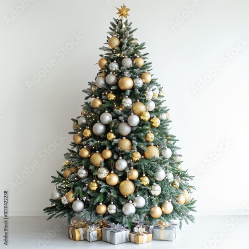 Beautifully decorated Christmas tree with gold and silver Christmas ornaments on white background