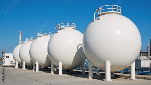 A 3D rendering of a modern petrochemical factory featuring spherical BPVC gas storage tanks under a bright blue sky