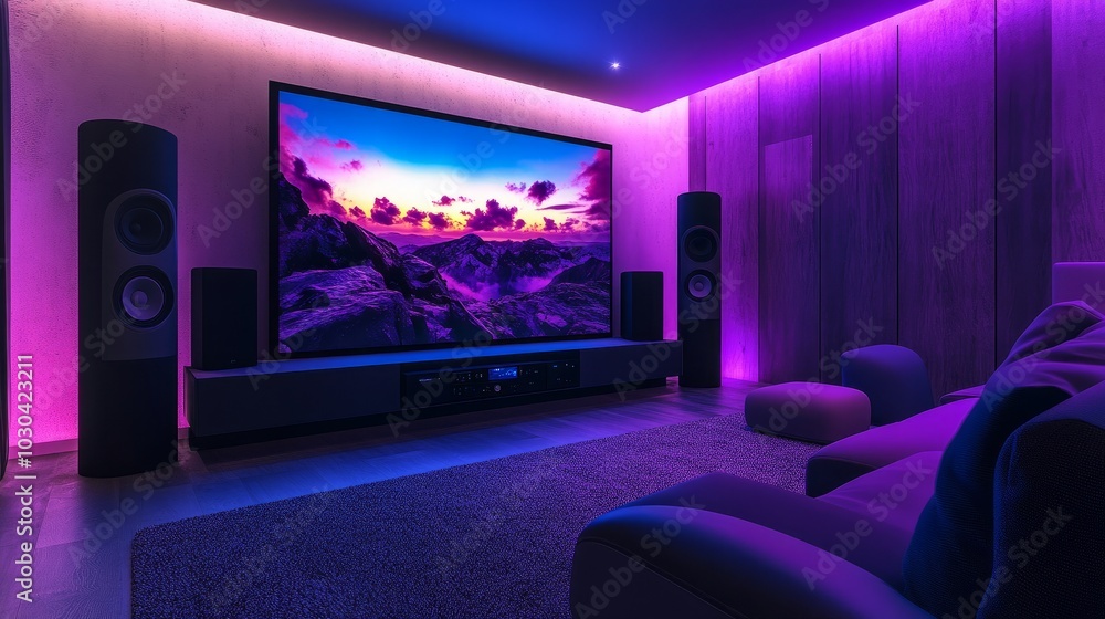 Smart home cinema featuring voice-activated lights, wireless speakers, and a large ultra-HD screen with mood-enhancing ambient lighting Smart home cinema featuring voice-activated lights, wireless speakers, and a large ultra-HD screen with mood-enhancing ambient lighting