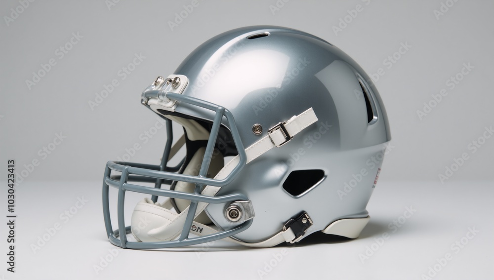 High-angle view Shiny silver football helmet with facemask and white pads High-angle view Shiny silver football helmet with facemask and white pads