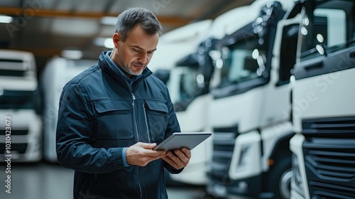 Logistics Management Man with Tablet in Truck Fleet Warehouse for Inventory Check.